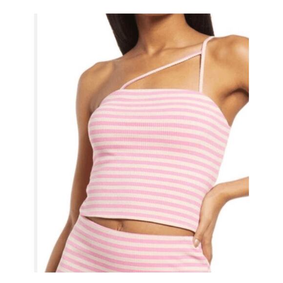 AFRM Women's Bandeau Tank Top Pink Tan Striped One Shoulder Adjustable M NWOT - Picture 1 of 9